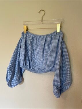 Blue Gingham Off-Shoulder Peasant Top